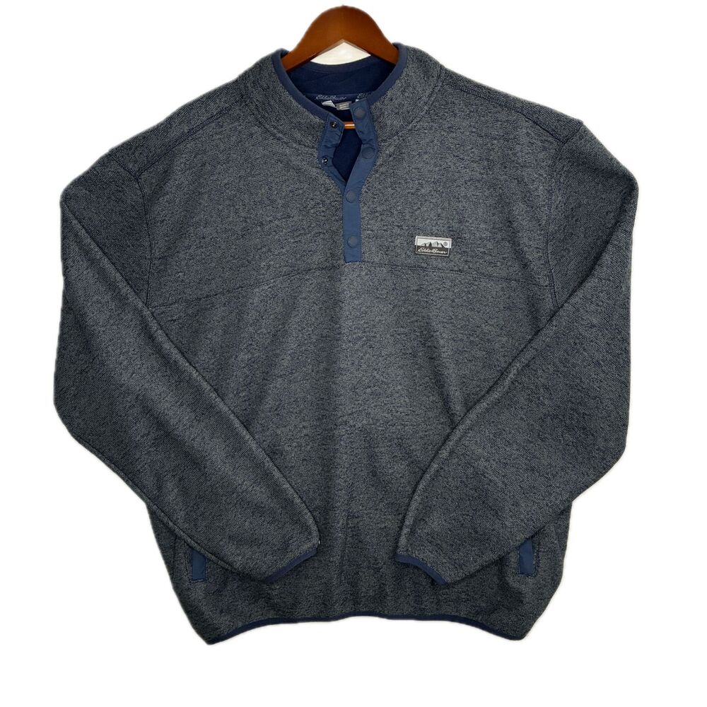 Eddie Bauer Mens 2XL Blue Heathered Snap Neck Fleece Pullover Sweater Jacket